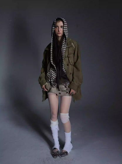 Wash Clip Cotton Drop Shoulder Workwear Mid-Length Loose Jacket【s0000014546】