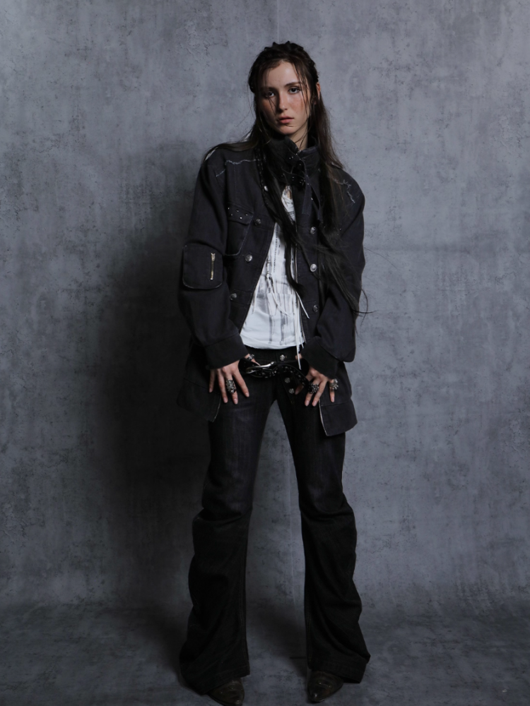 Wash Clip Cotton Drop Shoulder Workwear Mid-Length Loose Jacket【s0000014546】