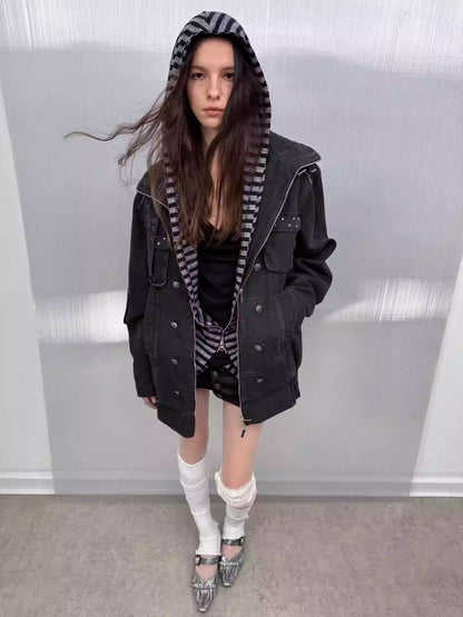 Wash Clip Cotton Drop Shoulder Workwear Mid-Length Loose Jacket【s0000014546】