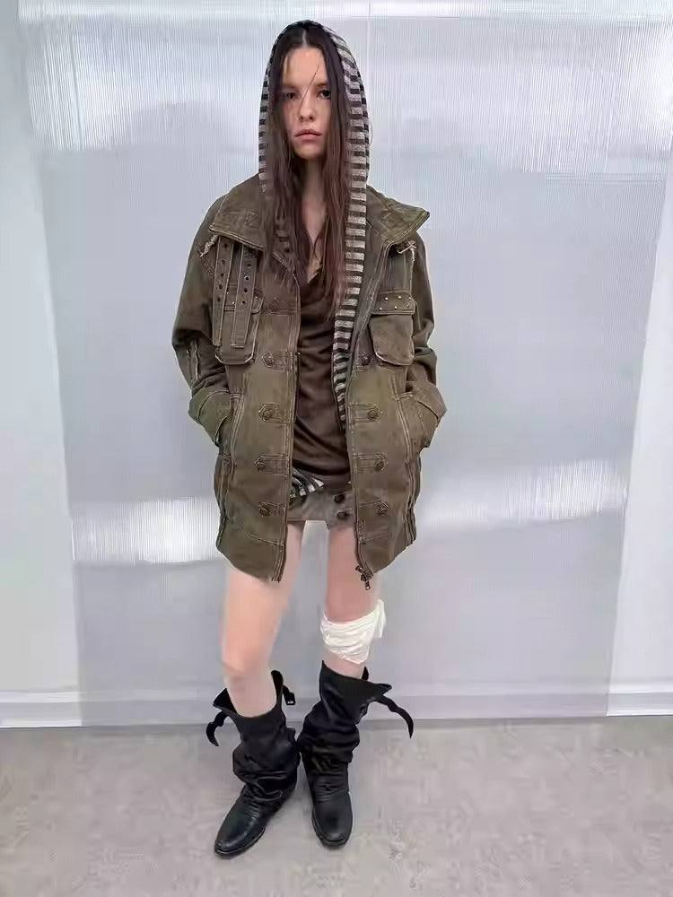 Wash Clip Cotton Drop Shoulder Workwear Mid-Length Loose Jacket【s0000014546】