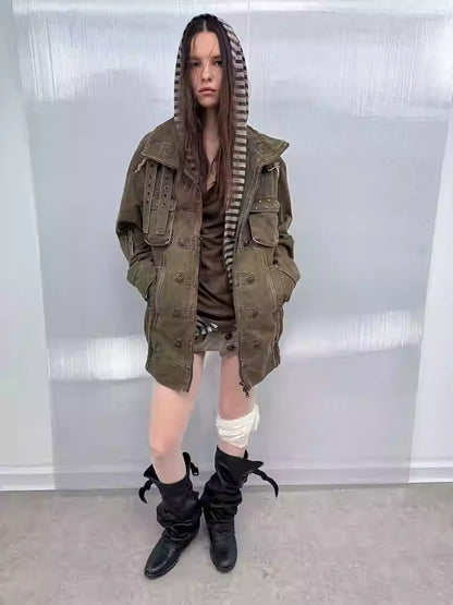 Wash Clip Cotton Drop Shoulder Workwear Mid-Length Loose Jacket【s0000014546】