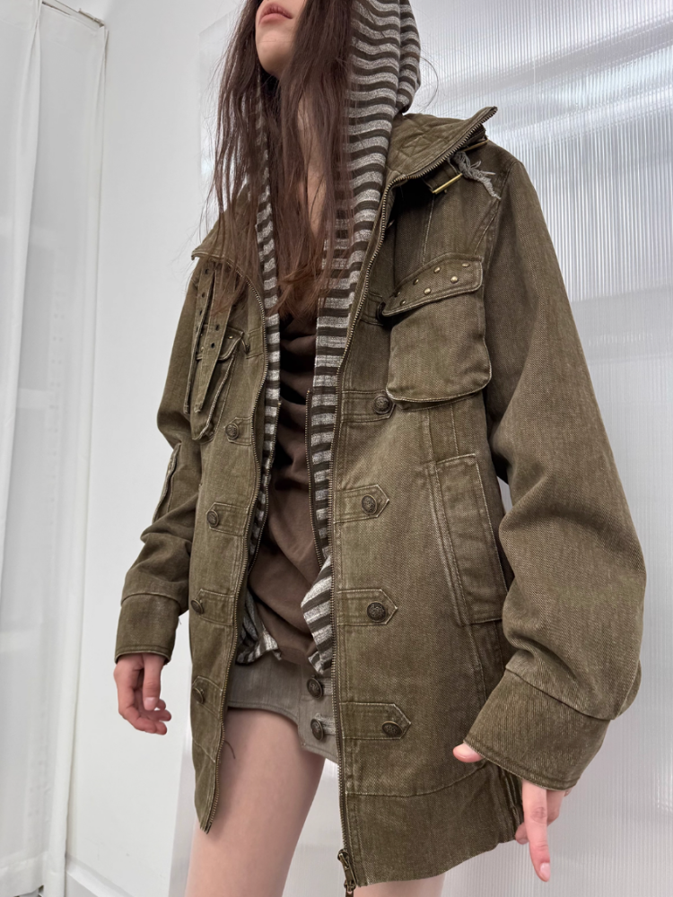 Wash Clip Cotton Drop Shoulder Workwear Mid-Length Loose Jacket【s0000014546】