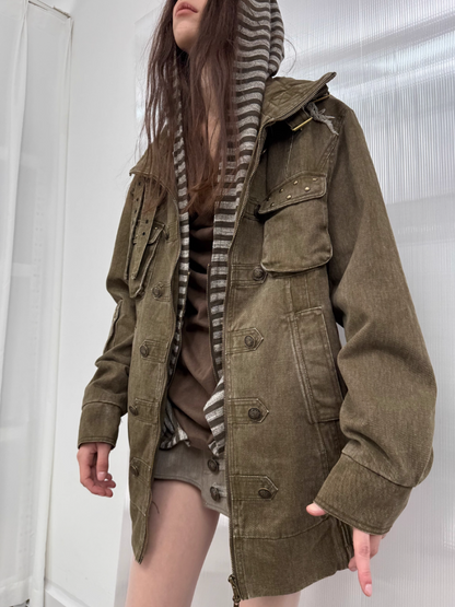 Wash Clip Cotton Drop Shoulder Workwear Mid-Length Loose Jacket【s0000014546】