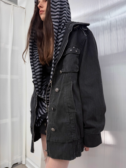 Wash Clip Cotton Drop Shoulder Workwear Mid-Length Loose Jacket【s0000014546】