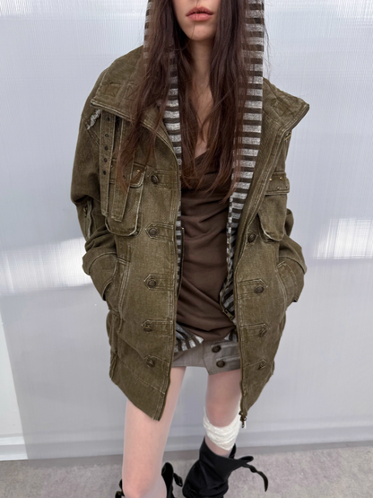 Wash Clip Cotton Drop Shoulder Workwear Mid-Length Loose Jacket【s0000014546】