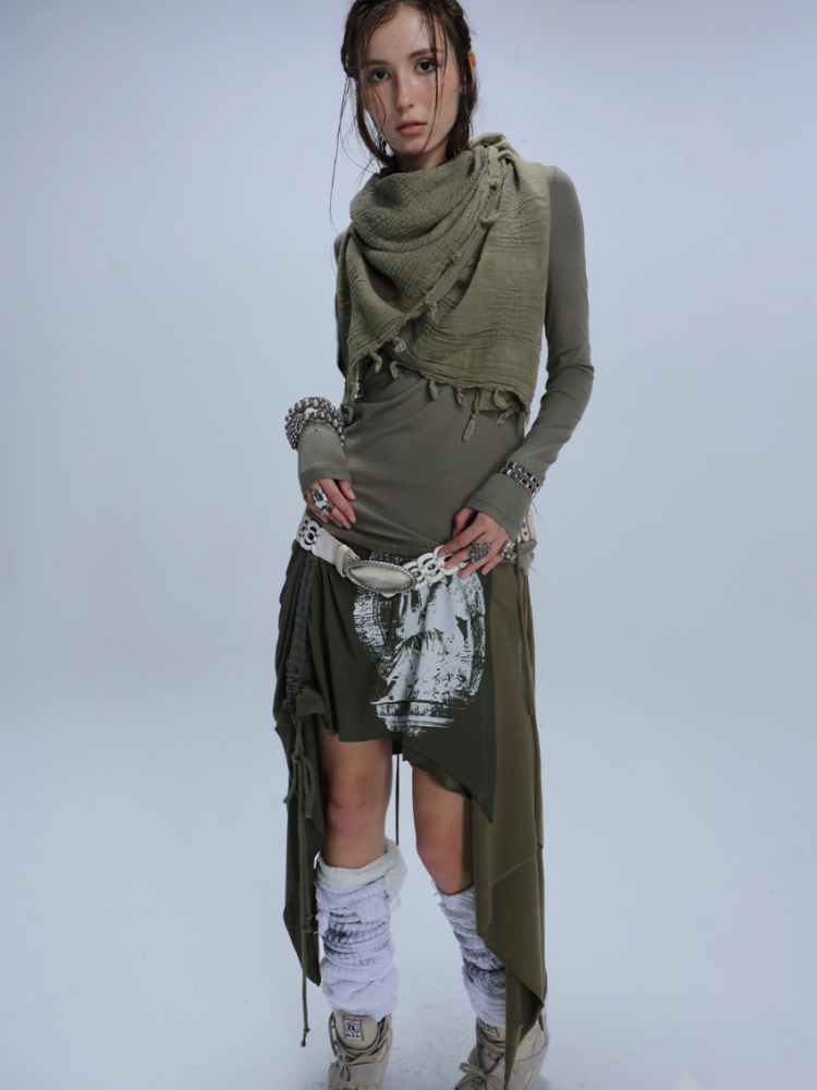 Original Print Stitching Fringe Multi-Wear Style A One-Piece Wrap Layered Skirt【s0000014547】