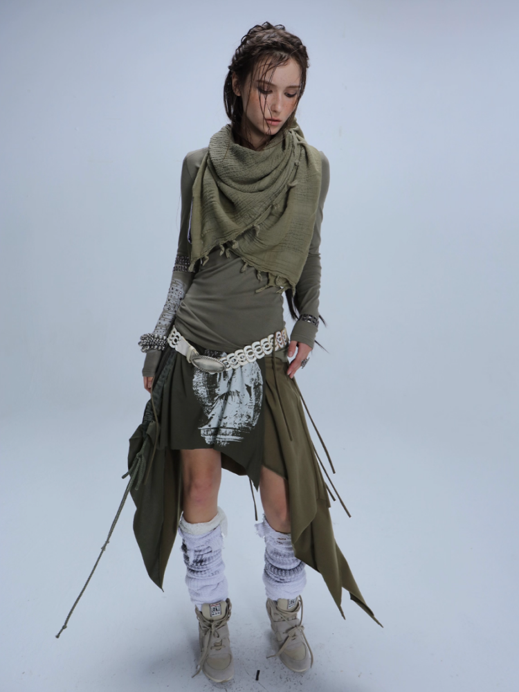 Original Print Stitching Fringe Multi-Wear Style A One-Piece Wrap Layered Skirt【s0000014547】