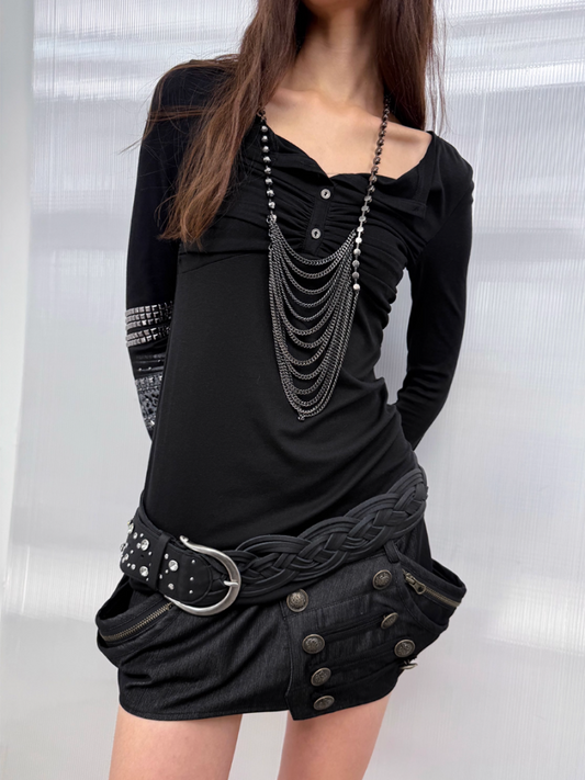 Arm Loop Pattern Metal Hot Diamond Base Base Long Sleeve Top【s0000014548】