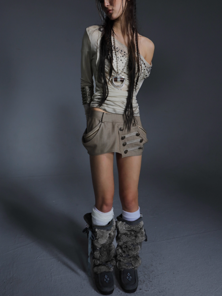 Pumpkin Puffy Three-Dimensional Cut Metal Buckle Cargo Style Asymmetrical Short Skirt【s0000014549】