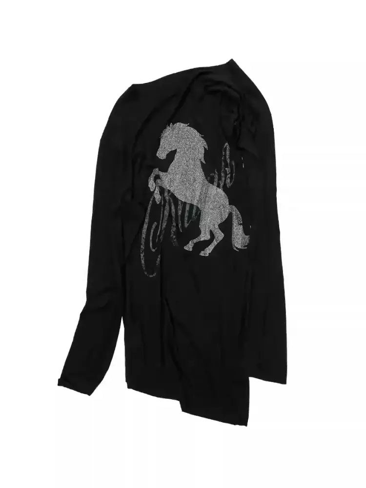 Cavalry Horse Hot Diamond Print Slanted Shoulder Irregular T-Shirt【s0000014550】