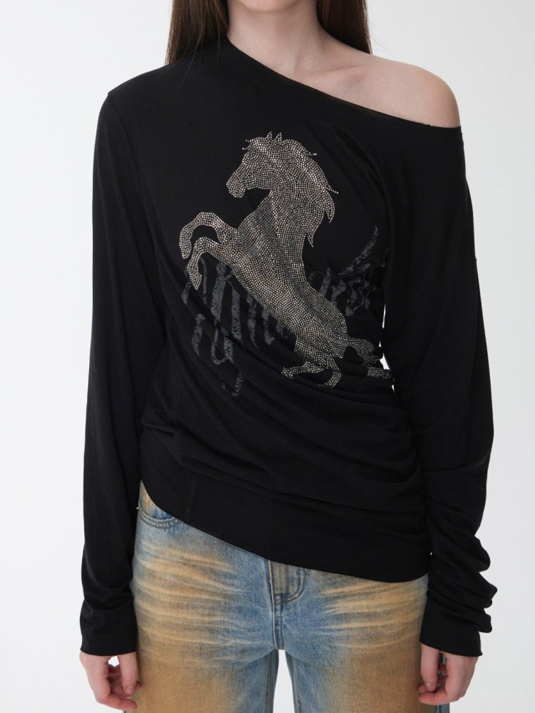 Cavalry Horse Hot Diamond Print Slanted Shoulder Irregular T-Shirt【s0000014550】