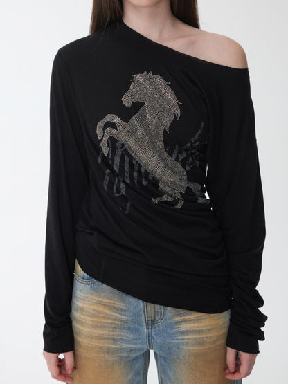 Cavalry Horse Hot Diamond Print Slanted Shoulder Irregular T-Shirt【s0000014550】