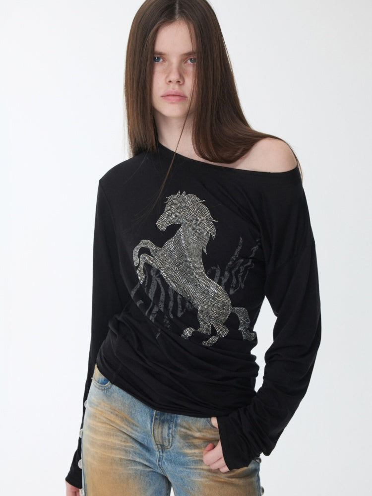 Cavalry Horse Hot Diamond Print Slanted Shoulder Irregular T-Shirt【s0000014550】