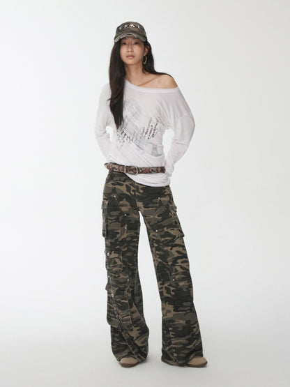 Cavalry Horse Hot Diamond Print Slanted Shoulder Irregular T-Shirt【s0000014550】