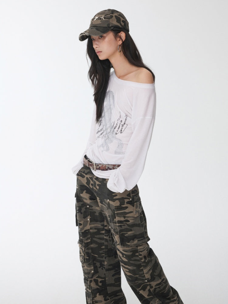 Cavalry Horse Hot Diamond Print Slanted Shoulder Irregular T-Shirt【s0000014550】