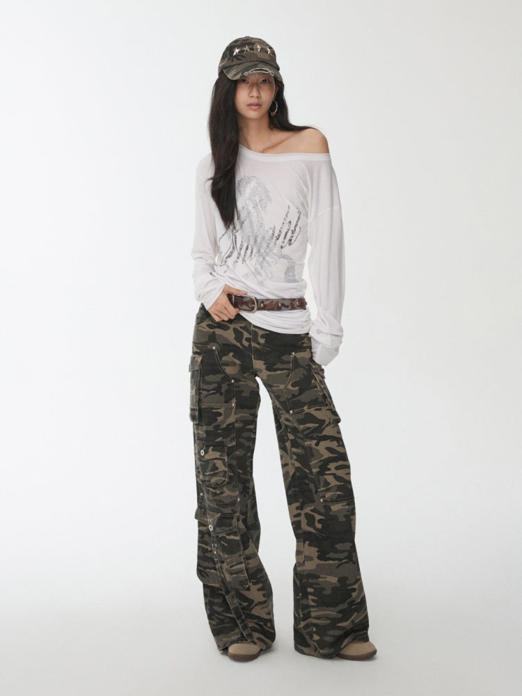 Cavalry Horse Hot Diamond Print Slanted Shoulder Irregular T-Shirt【s0000014550】