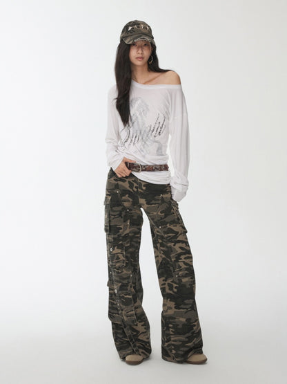 Cavalry Horse Hot Diamond Print Slanted Shoulder Irregular T-Shirt【s0000014550】