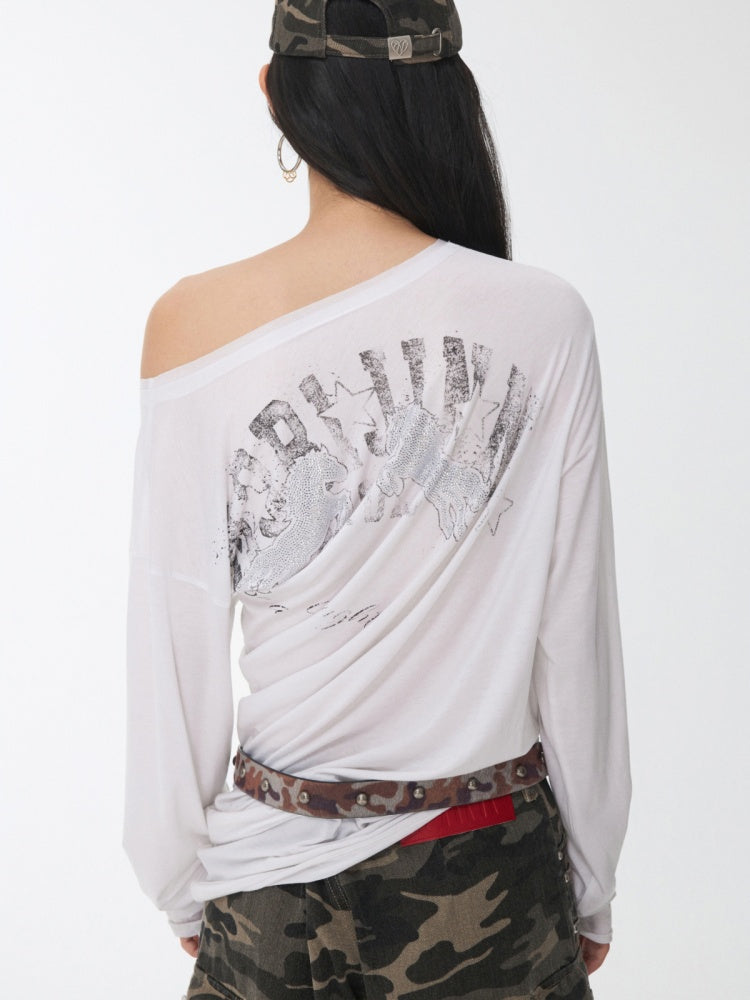 Cavalry Horse Hot Diamond Print Slanted Shoulder Irregular T-Shirt【s0000014550】