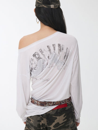 Cavalry Horse Hot Diamond Print Slanted Shoulder Irregular T-Shirt【s0000014550】