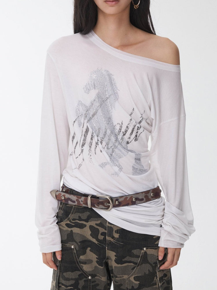 Cavalry Horse Hot Diamond Print Slanted Shoulder Irregular T-Shirt【s0000014550】