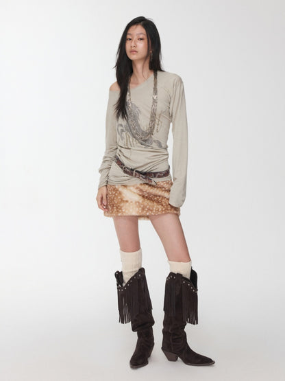 Cavalry Horse Hot Diamond Print Slanted Shoulder Irregular T-Shirt【s0000014550】