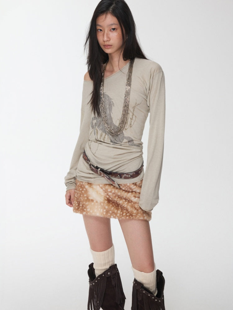 Cavalry Horse Hot Diamond Print Slanted Shoulder Irregular T-Shirt【s0000014550】