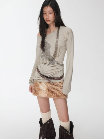 Cavalry Horse Hot Diamond Print Slanted Shoulder Irregular T-Shirt【s0000014550】