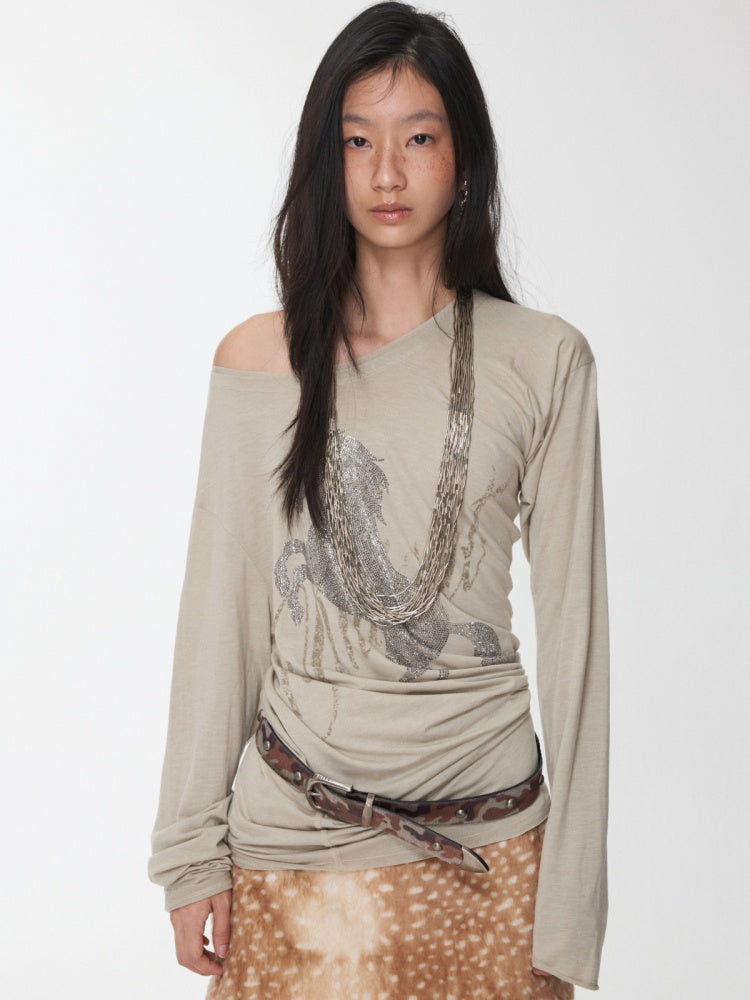 Cavalry Horse Hot Diamond Print Slanted Shoulder Irregular T-Shirt【s0000014550】