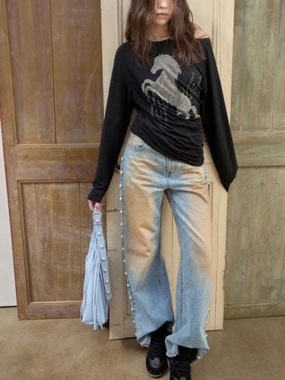 Cavalry Horse Hot Diamond Print Slanted Shoulder Irregular T-Shirt【s0000014550】