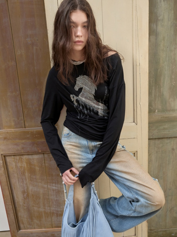 Cavalry Horse Hot Diamond Print Slanted Shoulder Irregular T-Shirt【s0000014550】