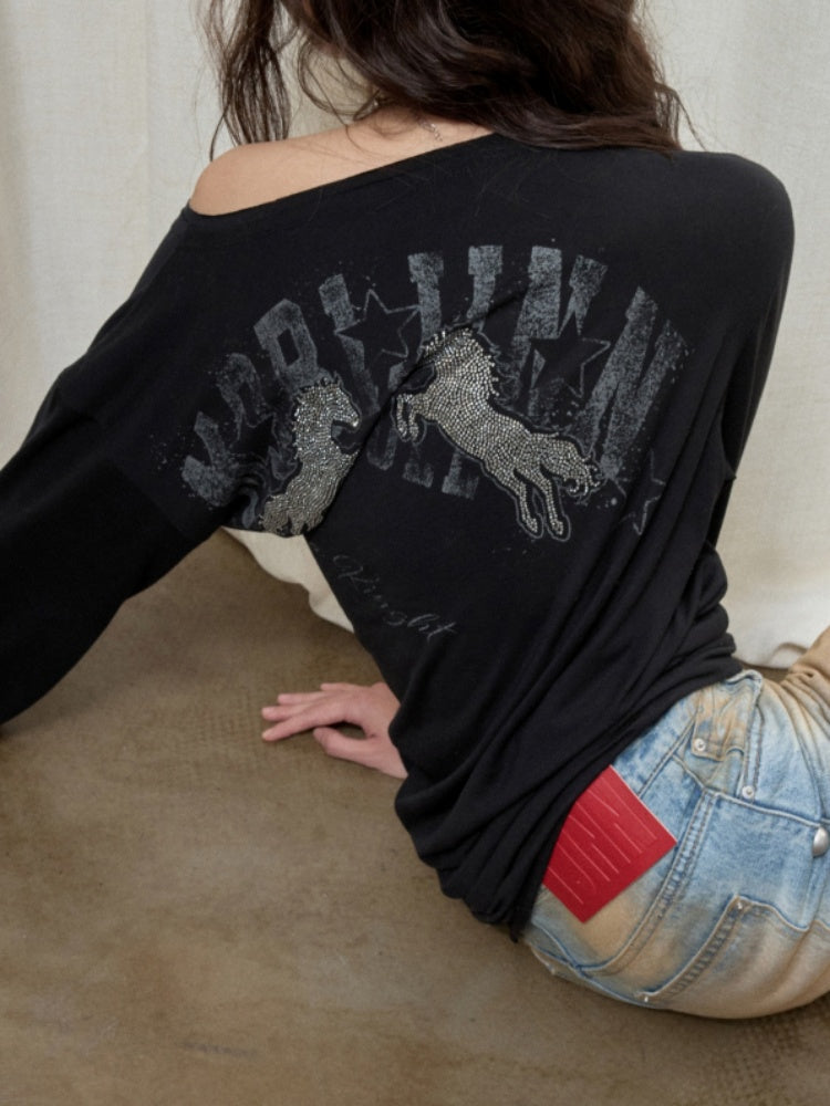 Cavalry Horse Hot Diamond Print Slanted Shoulder Irregular T-Shirt【s0000014550】