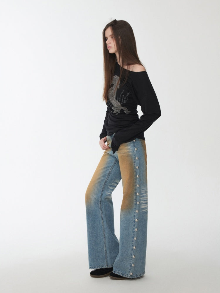 Cavalry Horse Hot Diamond Print Slanted Shoulder Irregular T-Shirt【s0000014550】