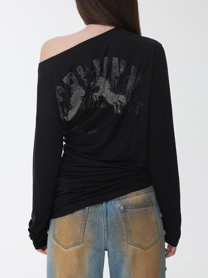 Cavalry Horse Hot Diamond Print Slanted Shoulder Irregular T-Shirt【s0000014550】