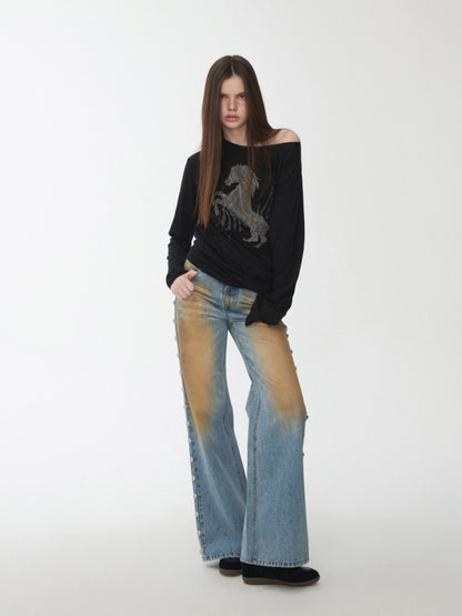 Cavalry Horse Hot Diamond Print Slanted Shoulder Irregular T-Shirt【s0000014550】