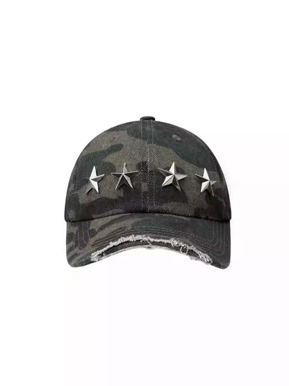 Vintage Washed Ripped Pentagram Rivet Camouflage Baseball Cap【s0000014552】