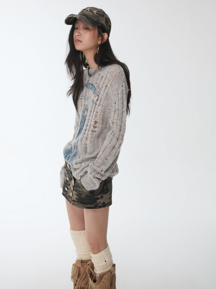 Vintage Washed Ripped Pentagram Rivet Camouflage Baseball Cap【s0000014552】