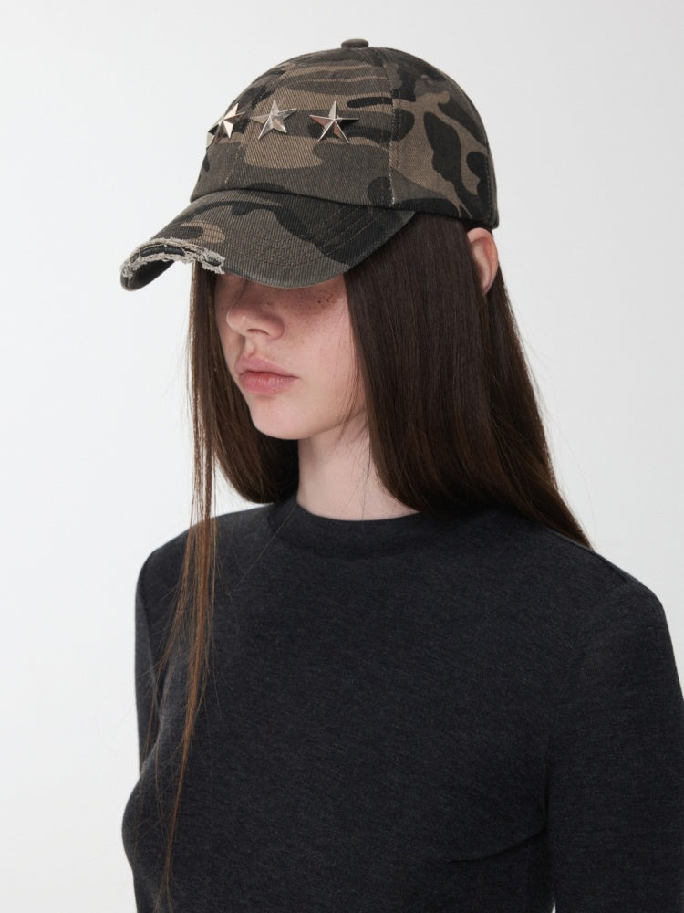 Vintage Washed Ripped Pentagram Rivet Camouflage Baseball Cap【s0000014552】
