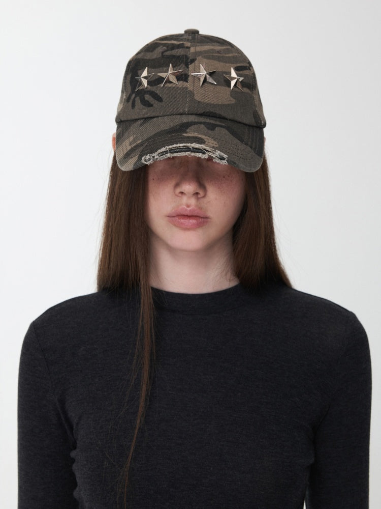 Vintage Washed Ripped Pentagram Rivet Camouflage Baseball Cap【s0000014552】