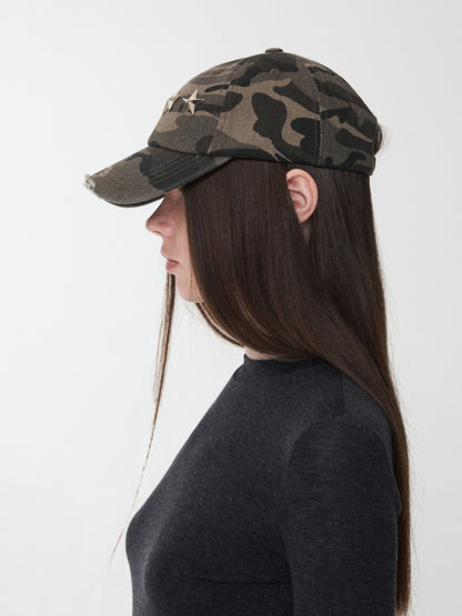 Vintage Washed Ripped Pentagram Rivet Camouflage Baseball Cap【s0000014552】