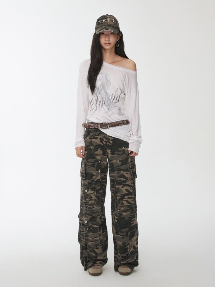 Vintage Washed Ripped Pentagram Rivet Camouflage Baseball Cap【s0000014552】