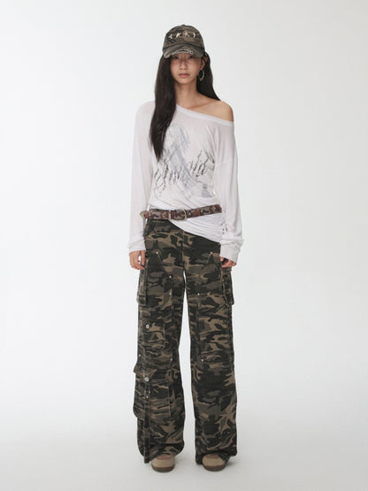 Vintage Washed Ripped Pentagram Rivet Camouflage Baseball Cap【s0000014552】