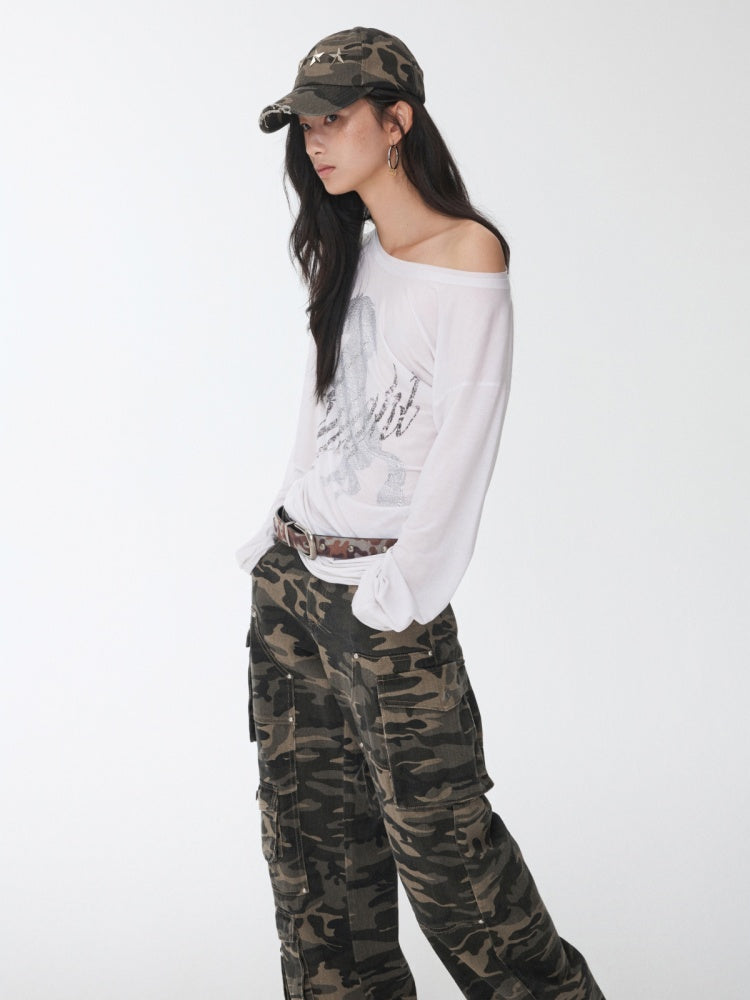 Vintage Washed Ripped Pentagram Rivet Camouflage Baseball Cap【s0000014552】