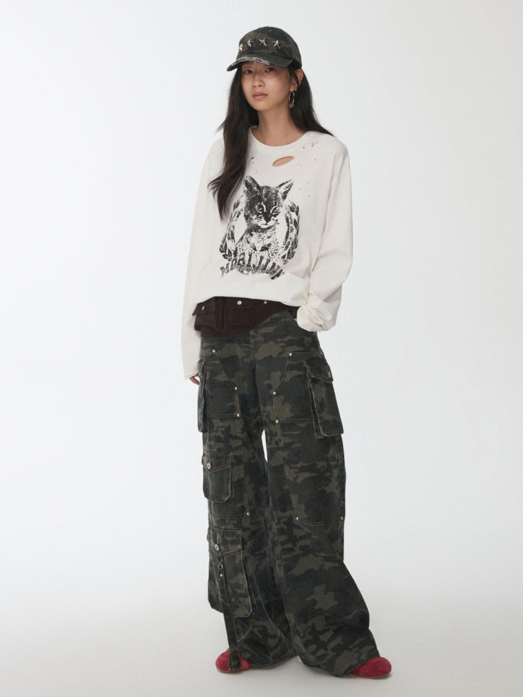 Vintage Washed Ripped Pentagram Rivet Camouflage Baseball Cap【s0000014552】