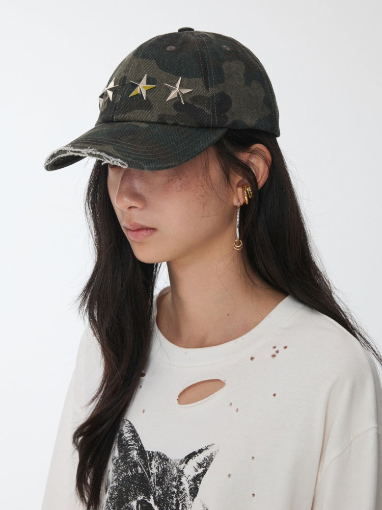 Vintage Washed Ripped Pentagram Rivet Camouflage Baseball Cap【s0000014552】