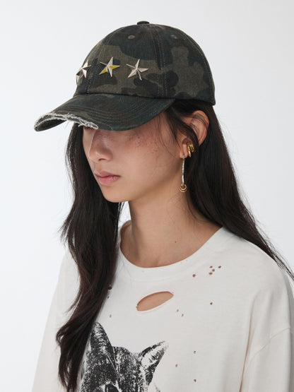 Vintage Washed Ripped Pentagram Rivet Camouflage Baseball Cap【s0000014552】