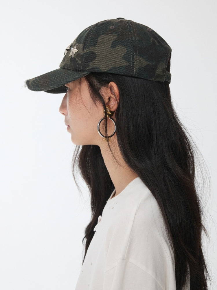 Vintage Washed Ripped Pentagram Rivet Camouflage Baseball Cap【s0000014552】