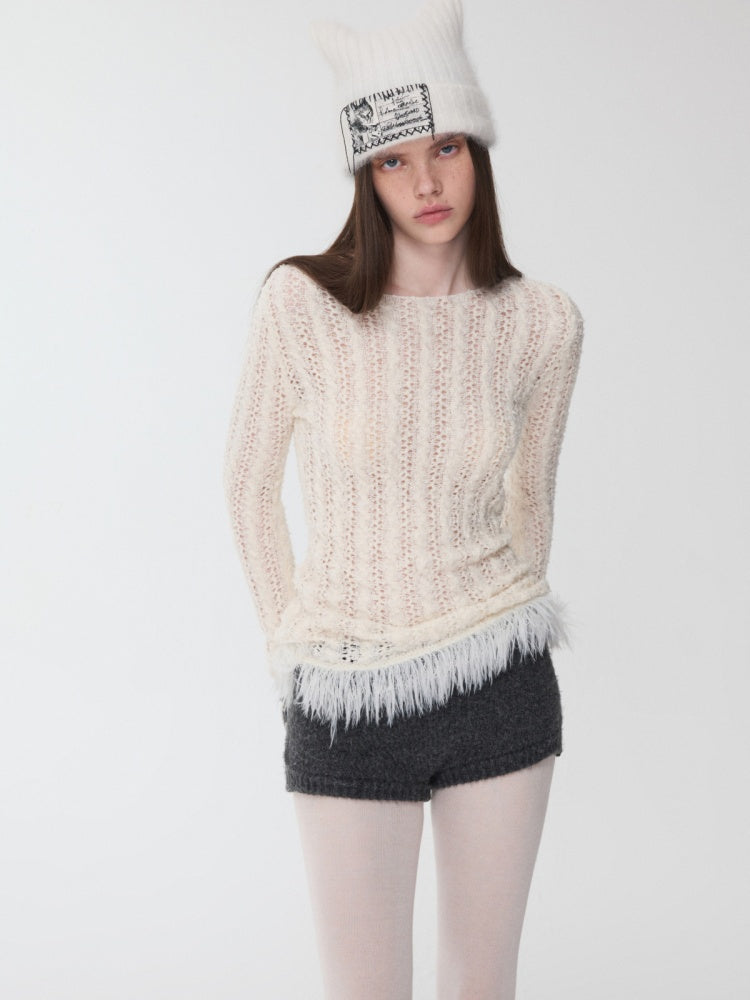 Cut-Out Cable Neck  Fringe knit Slimming Long-Sleeved Top【s0000014555】