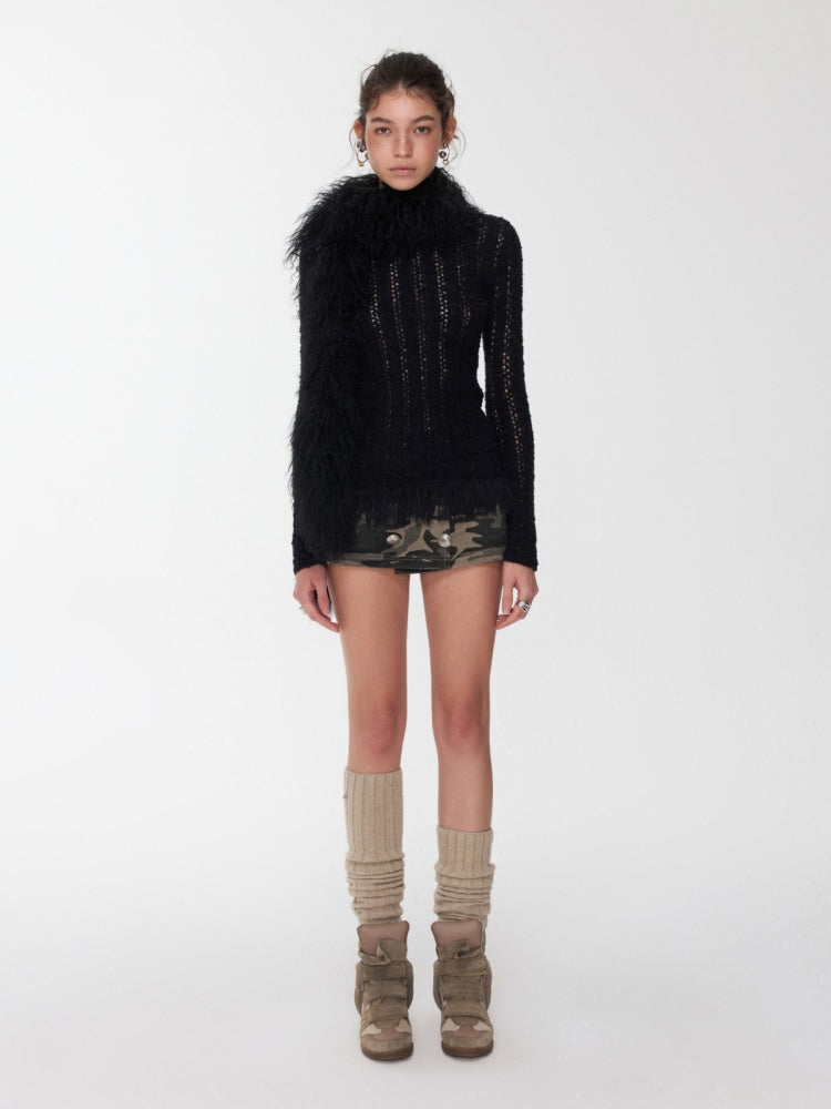 Cut-Out Cable Neck  Fringe knit Slimming Long-Sleeved Top【s0000014555】