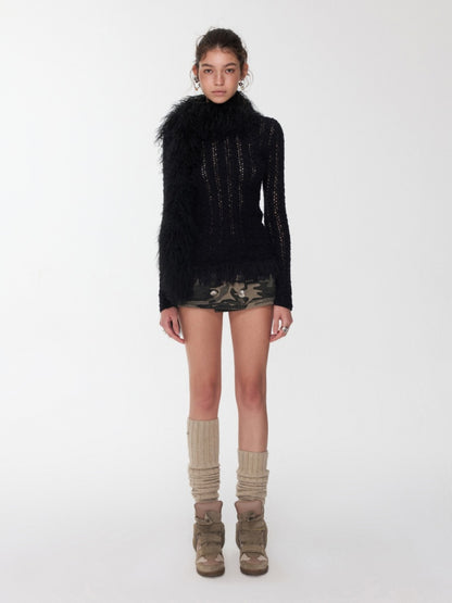 Cut-Out Cable Neck  Fringe knit Slimming Long-Sleeved Top【s0000014555】