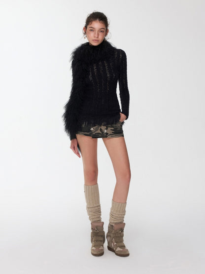 Cut-Out Cable Neck  Fringe knit Slimming Long-Sleeved Top【s0000014555】